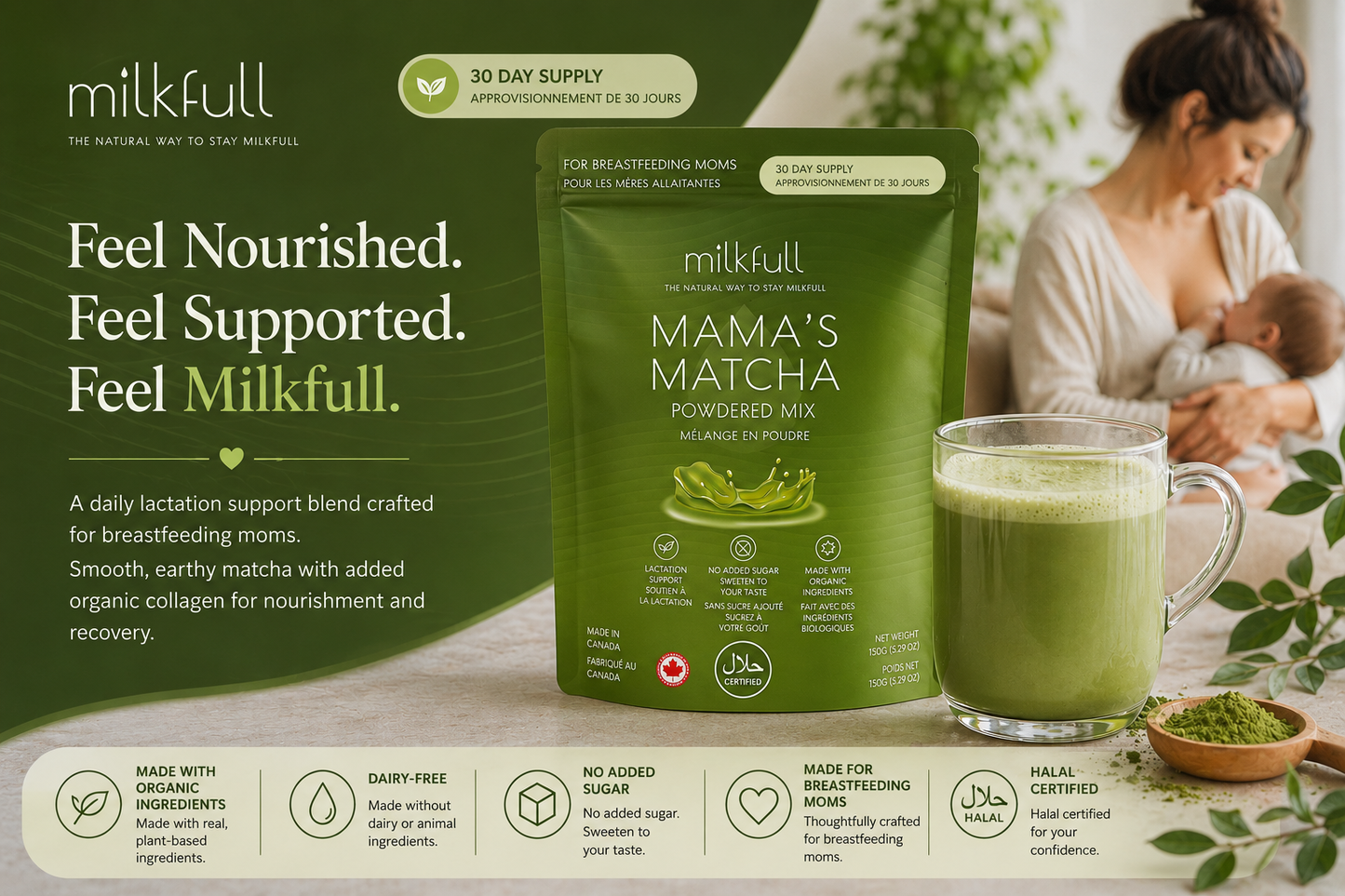 Milkfull™ Premium Mama Matcha – Organic Oat Milk Latte Mix with Matcha, Collagen, Flax & Moringa | No Sugar Added | Nourishing Superfood Blend for Moms