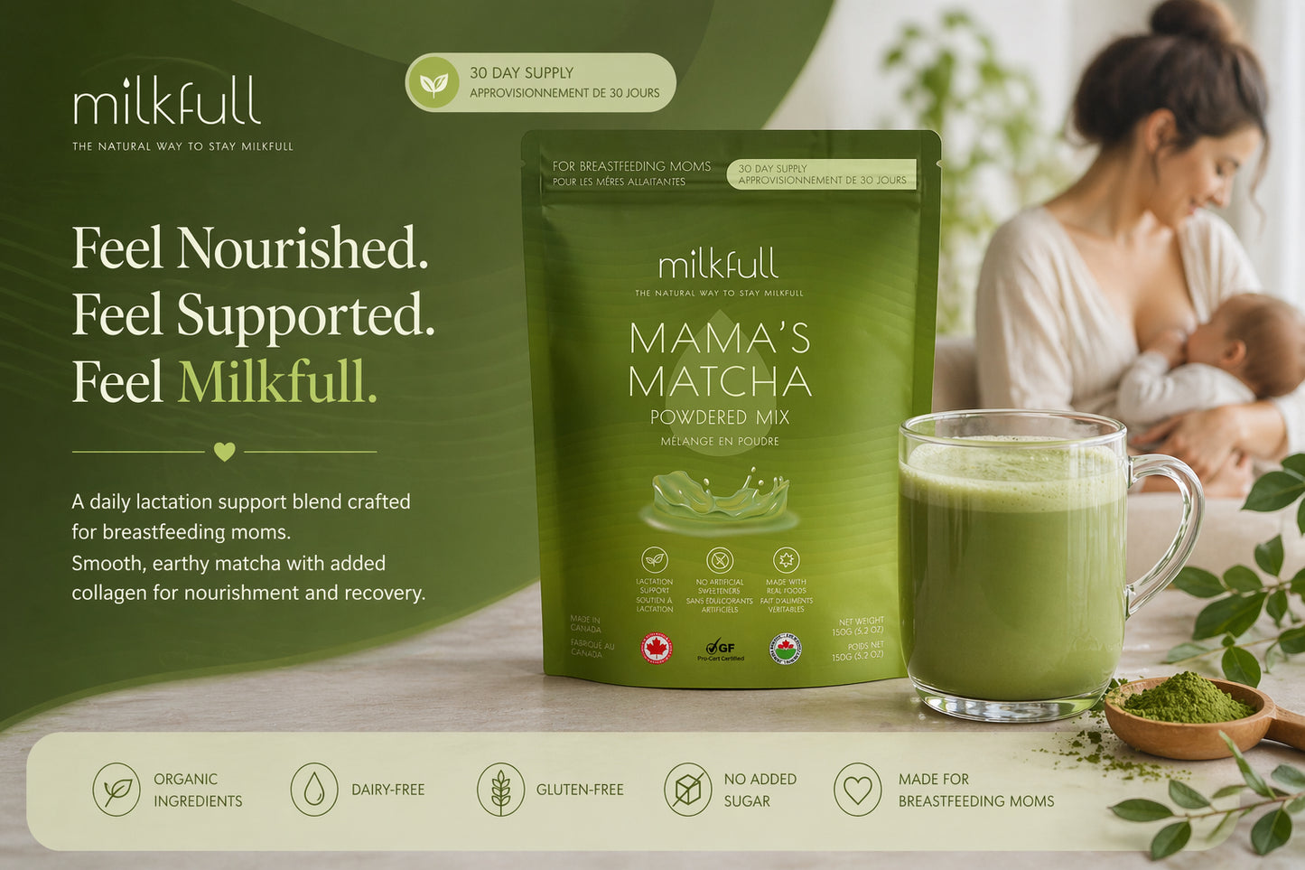 Milkfull™ Premium Mama Matcha – Organic Oat Milk Latte Mix with Matcha, Collagen, Flax & Moringa | No Sugar Added | Nourishing Superfood Blend for Moms