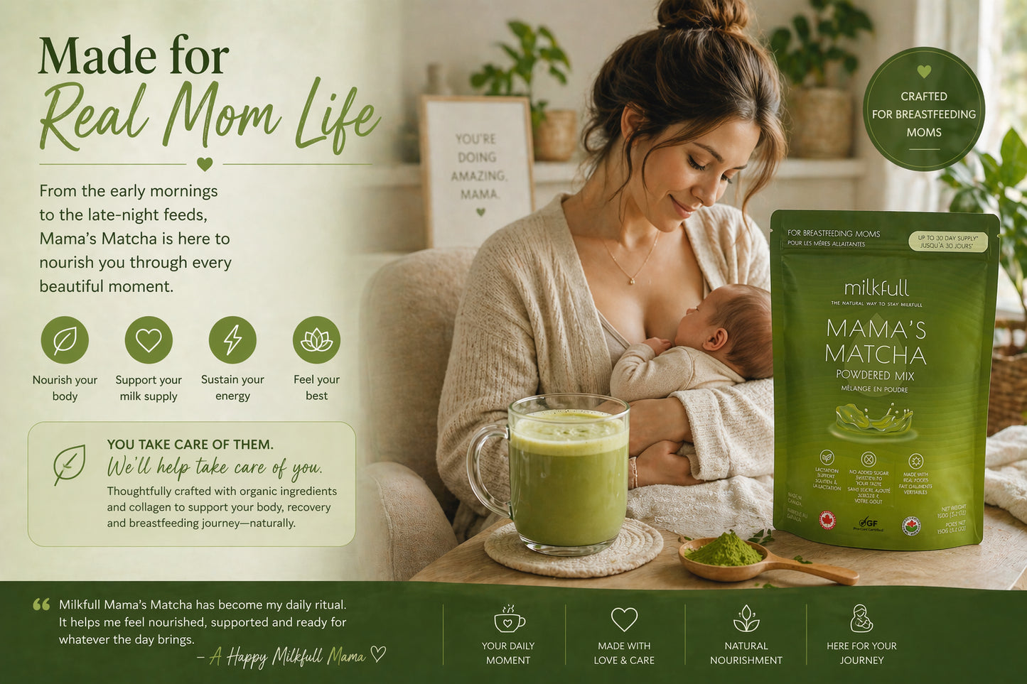 Milkfull™ Premium Mama Matcha – Organic Oat Milk Latte Mix with Matcha, Collagen, Flax & Moringa | No Sugar Added | Nourishing Superfood Blend for Moms
