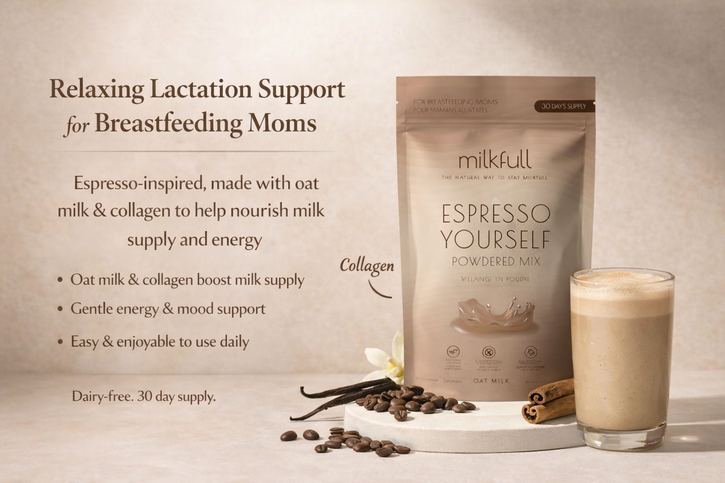 Milkfull™ Premium Espresso Yourself – Organic Breastfeeding Mix with Moringa, Collagen, Flax & Inactive Yeast | No Sugar Added | Nourishing Superfood Blend for Moms