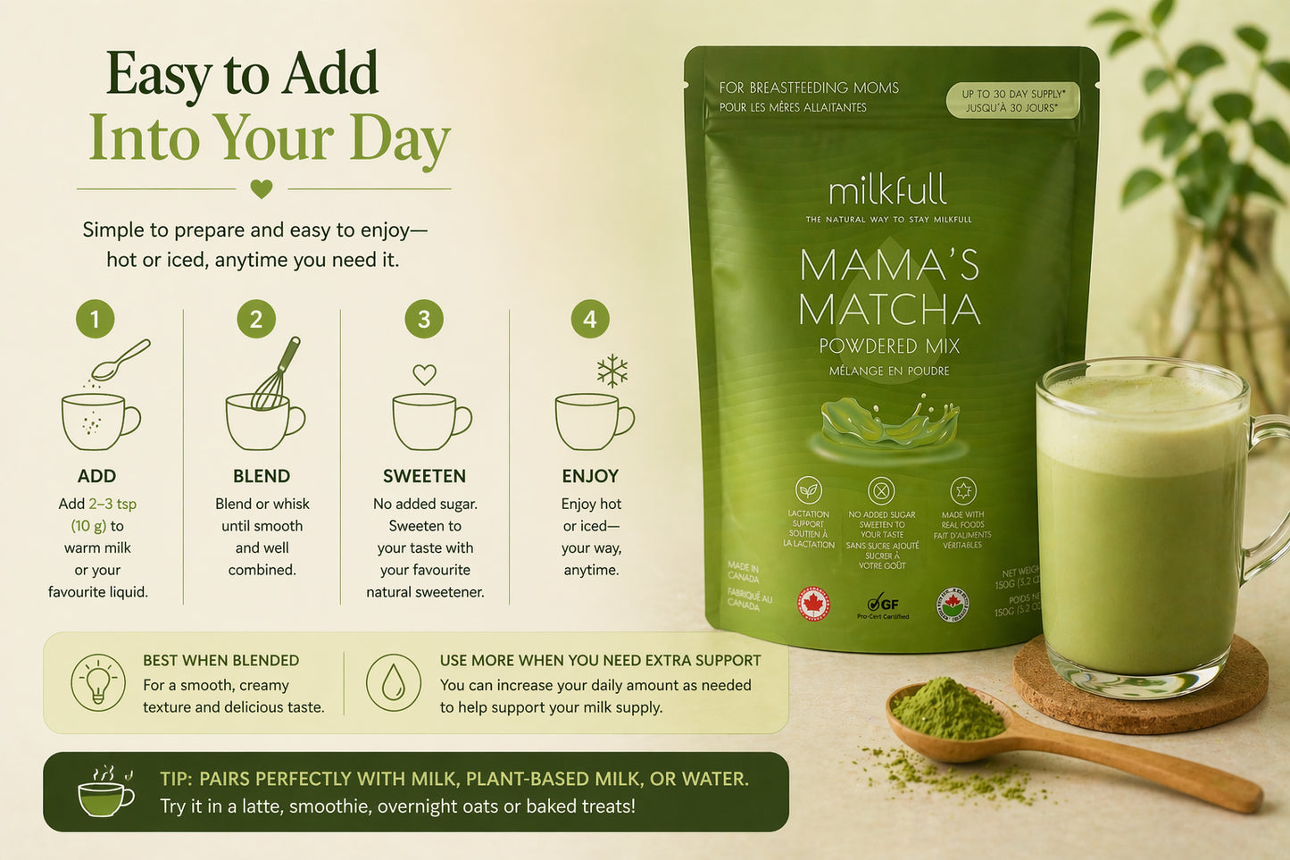 Milkfull™ Premium Mama Matcha – Organic Oat Milk Latte Mix with Matcha, Collagen, Flax & Moringa | No Sugar Added | Nourishing Superfood Blend for Moms