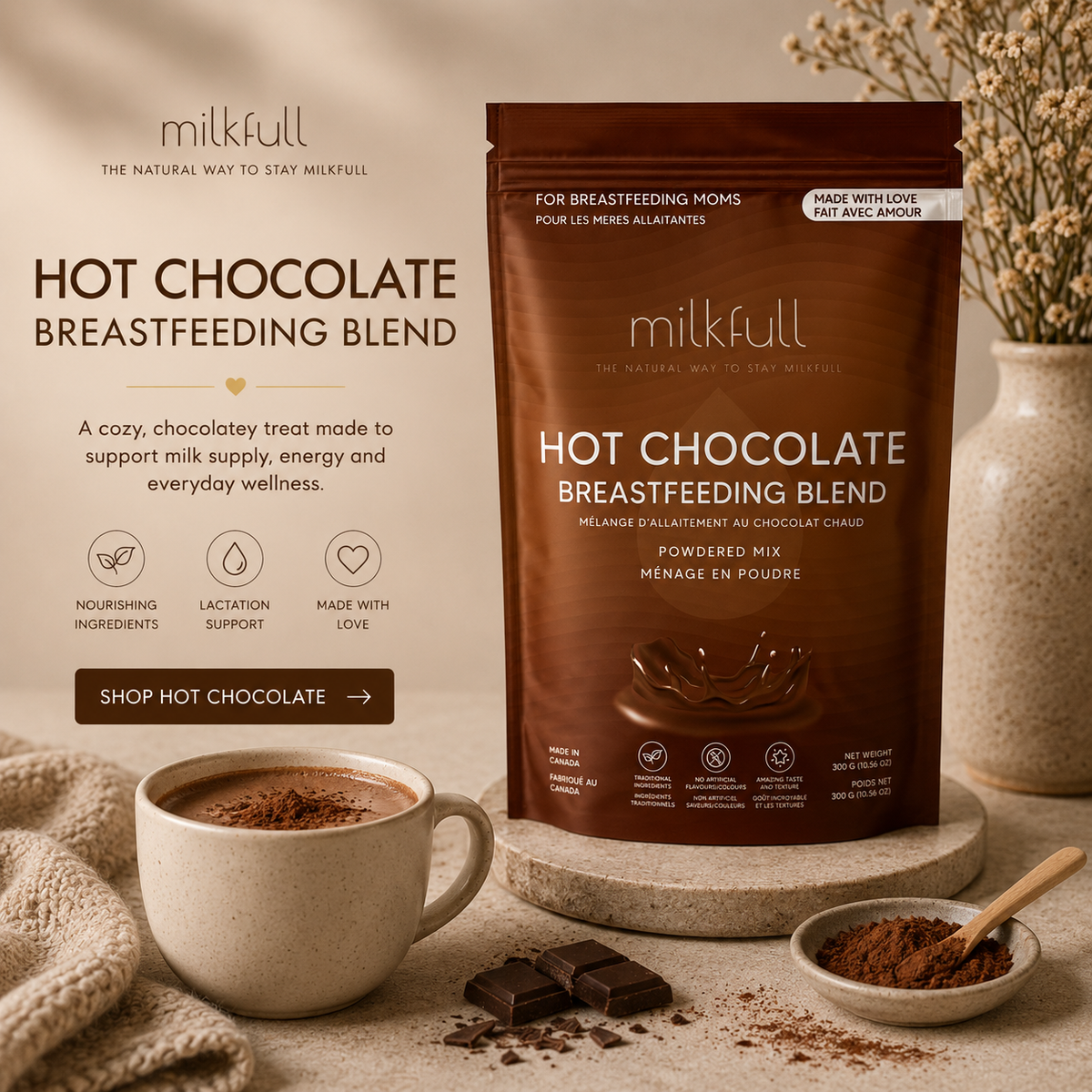 Milkfull™ Nourishing Hot Chocolate – Organic, Gluten-Free, Dairy-Free Superfood Blend for Breastfeeding Moms