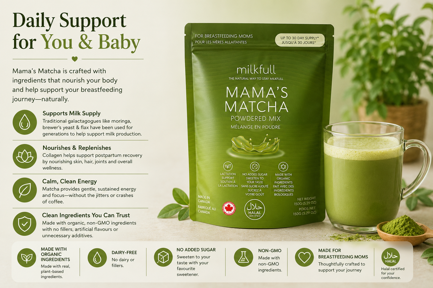 Milkfull™ Premium Mama Matcha – Organic Oat Milk Latte Mix with Matcha, Collagen, Flax & Moringa | No Sugar Added | Nourishing Superfood Blend for Moms
