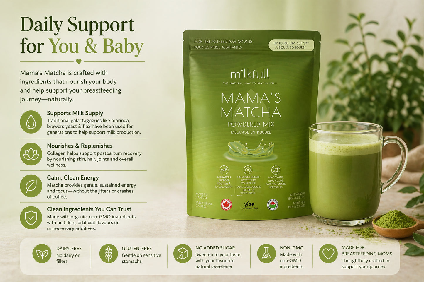 Milkfull™ Premium Mama Matcha – Organic Oat Milk Latte Mix with Matcha, Collagen, Flax & Moringa | No Sugar Added | Nourishing Superfood Blend for Moms