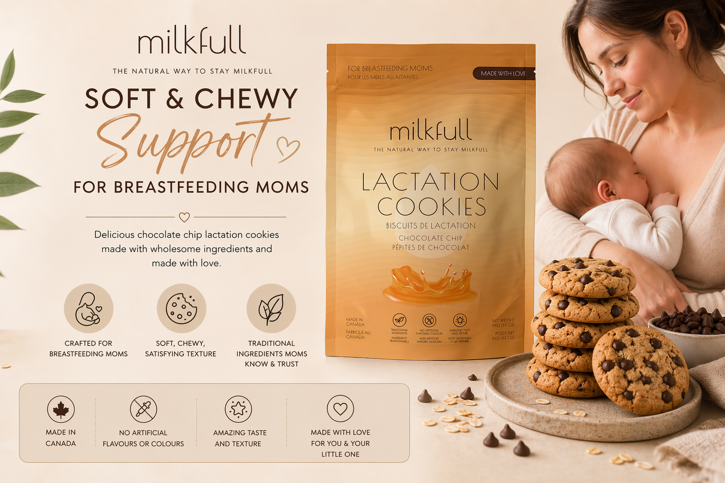 Milkfull™ Organic Lactation Chocolate Chip Cookies – Dairy-Free, Clean Ingredients, Supports Breastfeeding & Milk Supply
